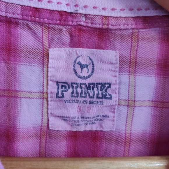 PINK Victoria's Secret Pink Plaid Long Sleeve Button Down Top Size Small - Picture 5 of 5